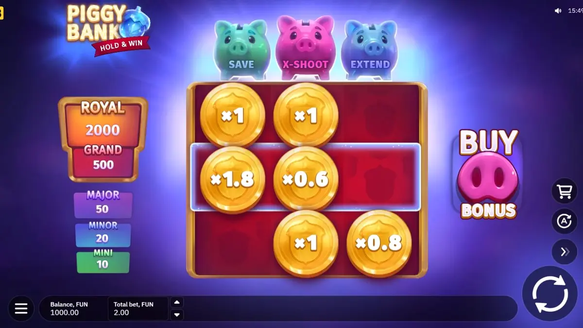 Tampilan visual slot Piggy Bank Hold & Win dengan karakter babi neon yang ceria