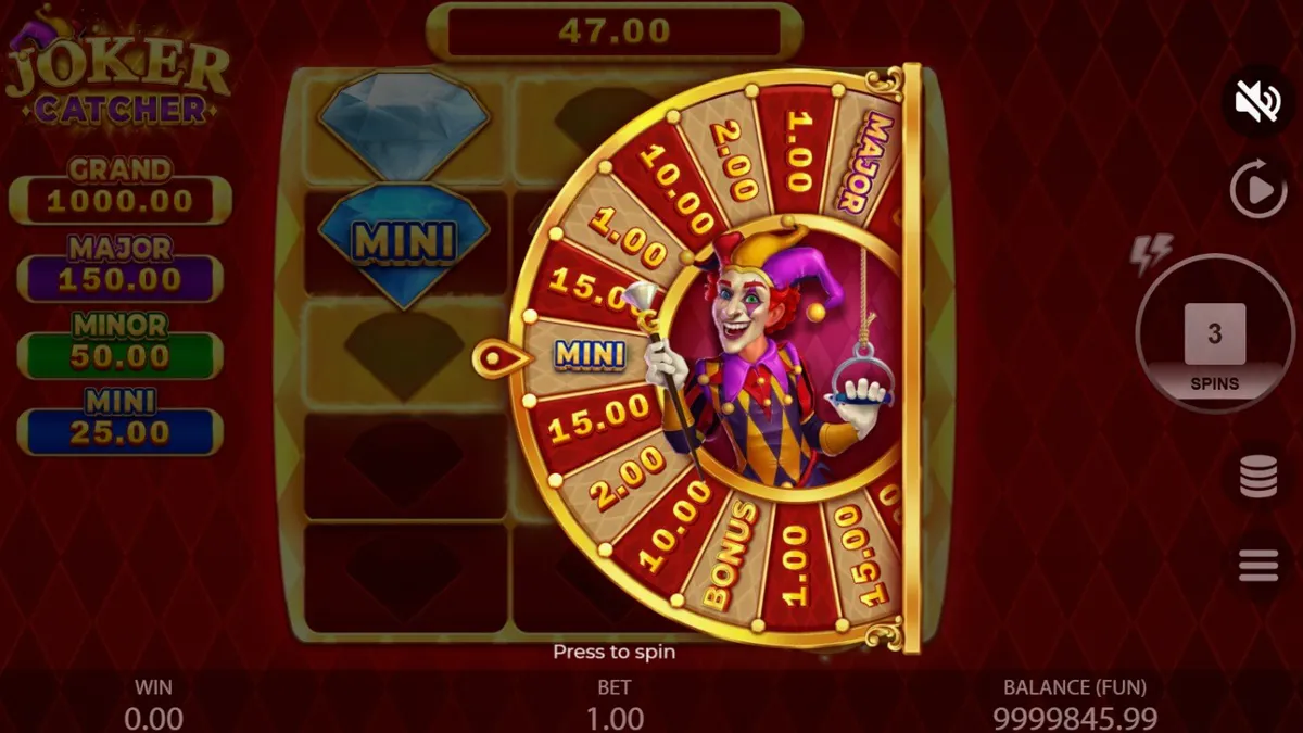 Joker Catcher slot machine interface featuring the central locked Joker and Catch Frames