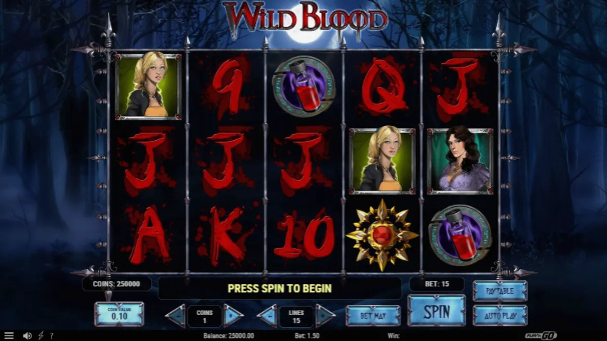 Tangkapan layar dari game slot Wild Blood oleh Play'n GO, menampilkan gulungan dengan simbol vampir, vial darah, dan medali dalam tema horor gotik.