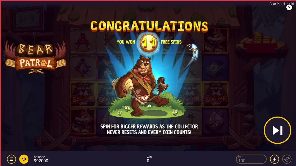 Tampilan visual slot Bear Patrol dengan tema hutan dan karakter penjaga hewan yang unik