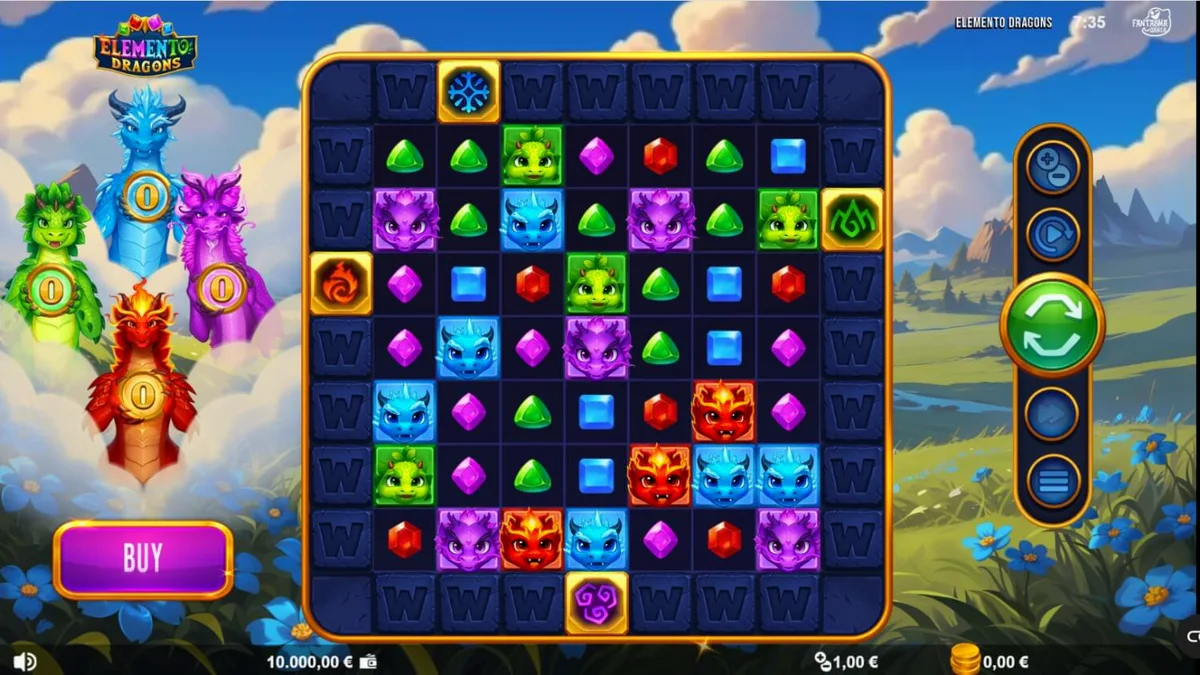 Tampilan grid 9x9 dalam permainan slot Elemento Dragons dengan elemen naga yang menyala